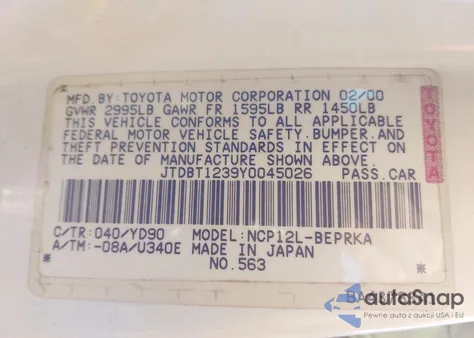 2000 Toyota Echo z USA, uszkodzony, nr VIN JTDBT1239Y0045026